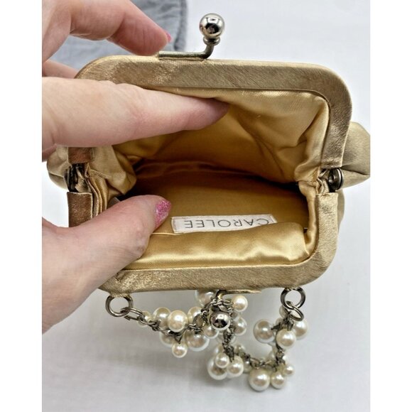 Carolee Mini Handbag Gold Satin Beaded Handle Evening Clutch Kiss Lock Purse - Picture 8 of 16